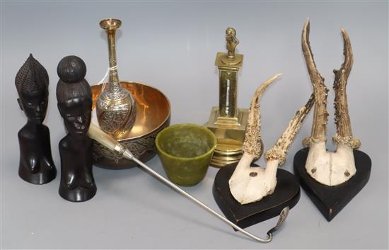 A brass thermometer, a Cairo ware vase, two ebony busts, pair of mounted horns etc.